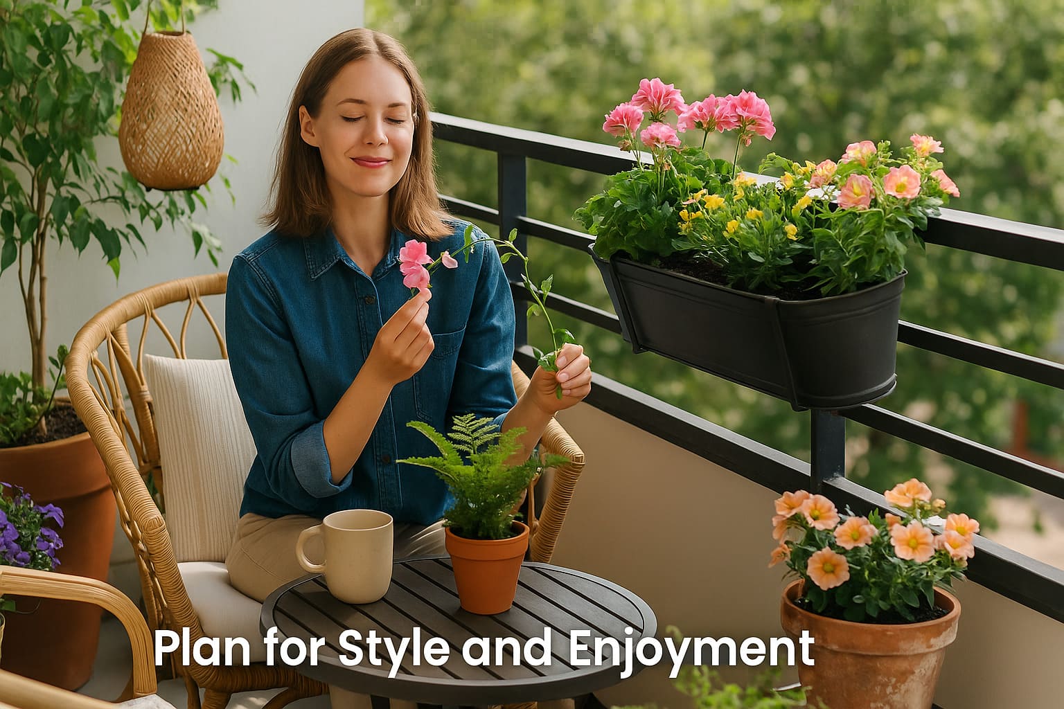 Urban Plant image showing a woman enjoying her balcony garden with flowering plants — plan for style and enjoyment in small-space gardening